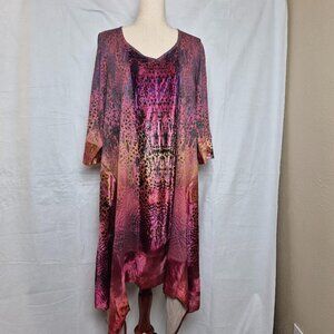 NWT one World Womens Long Sleeves Dress MulticolorPink Orange Purple Festival 1X